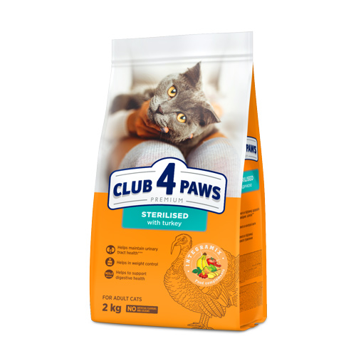 CLUB 4 PAWS PREMIUM "WITH TURKEY". СOMPLETE DRY PET FOOD FOR ADULT STERILISED CATS