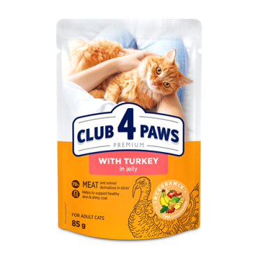 CLUB 4 PAWS PREMIUM "WITH TURKEY IN JELLY". СOMPLETE CANNED PET FOOD FOR ADULT CATS