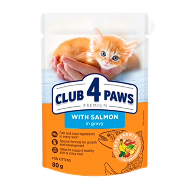 CLUB 4 PAWS PREMIUM FOR KITTENS "WITH SALMON IN GRAVY". СOMPLETE CANNED PET FOOD