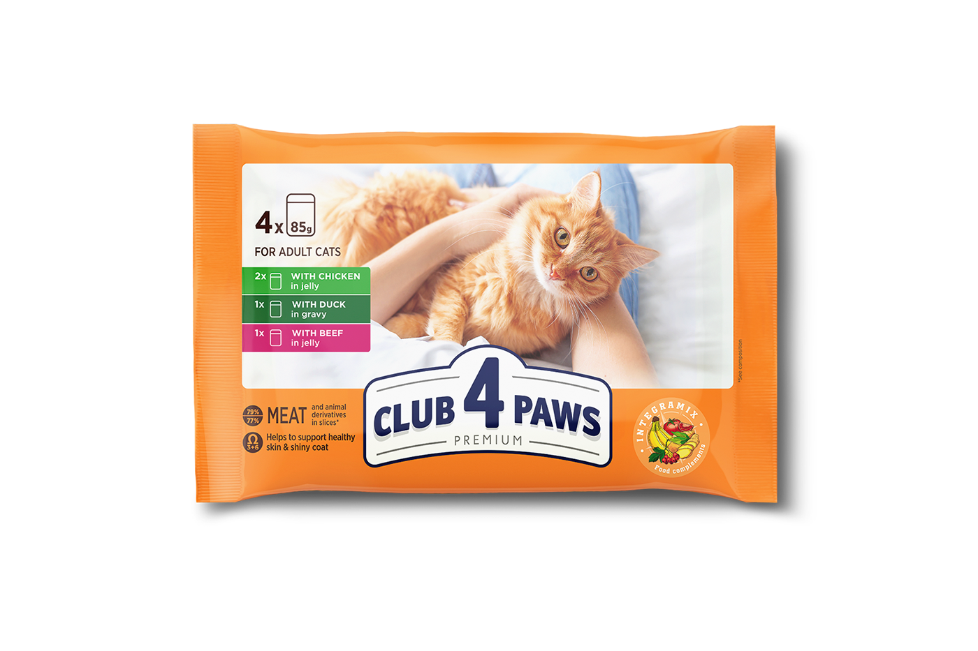 Set CLUB 4 PAWS Premium. Complete canned pet food for adult cats "With chicken in jelly", "With duck in gravy", "With beef in jelly" (4 x 0,085), 0,34 kg